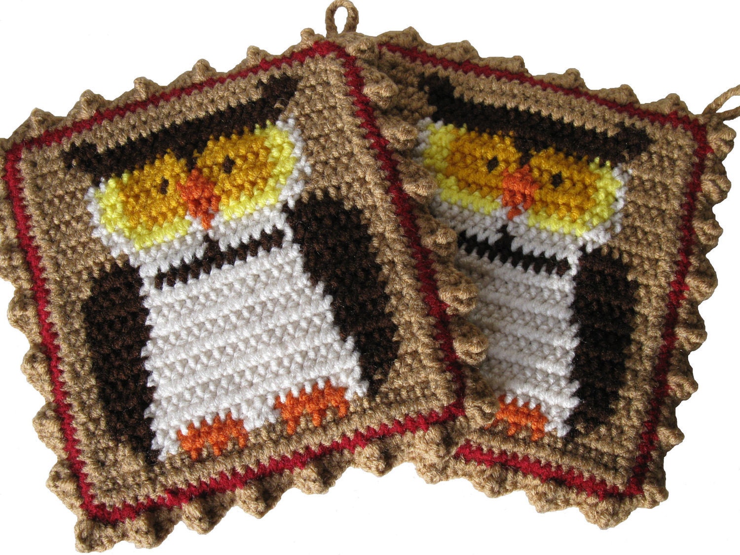 Owl Pot Holders. Double thick crocheted potholders with owls.