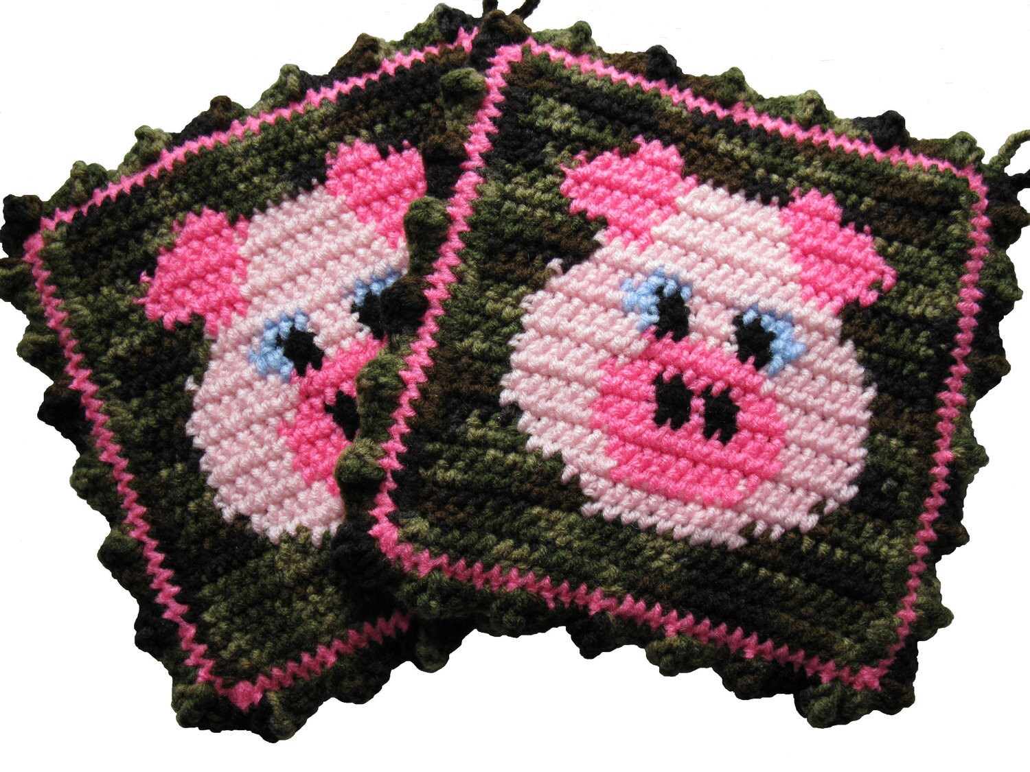 Crochet Pig Pot Holders. Pink pigs on green camouflage. Animal