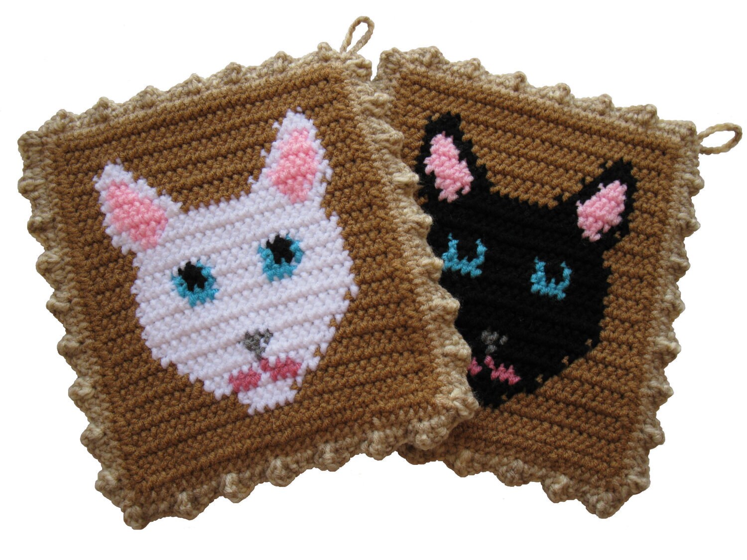 Cat Pot Holder Set. Black and white crochet cats.