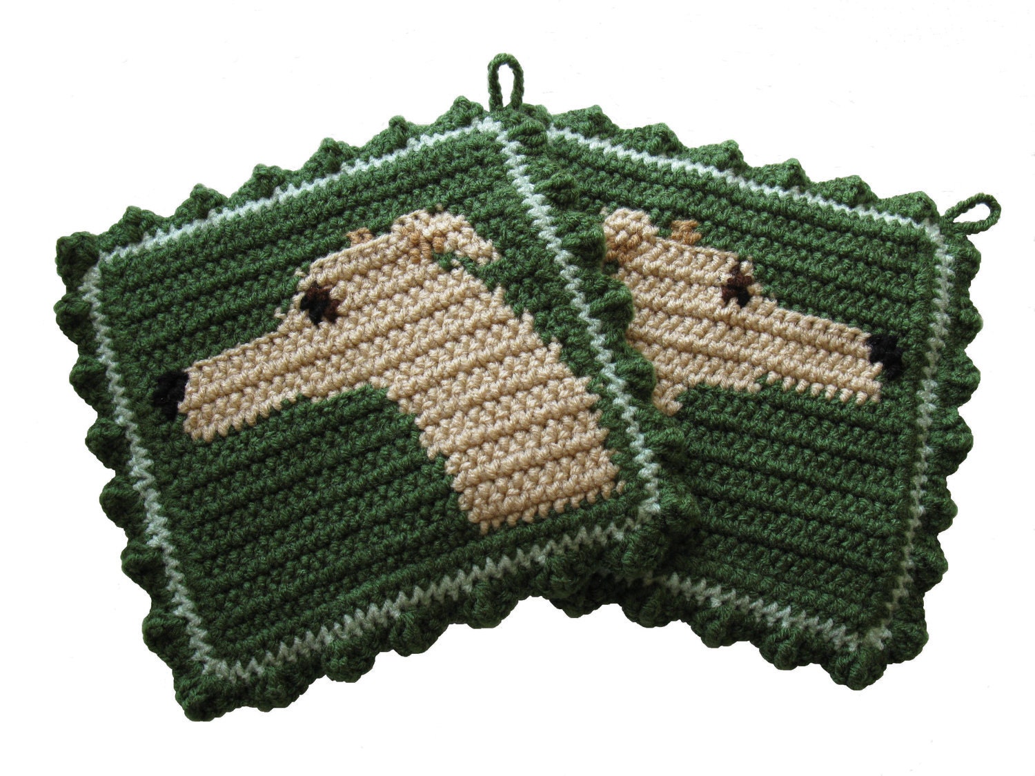 Greyhound Pot Holders. Sage green potholders with fawn by hooknsaw