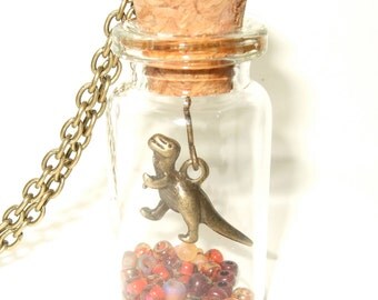 Dinosaur Necklace, Glass Bottle Pendant, Dinosaur Jewelry, Red and Brown, Mini Dinosaur, Prehistoric Necklace, Bronze Dinosaur Charm