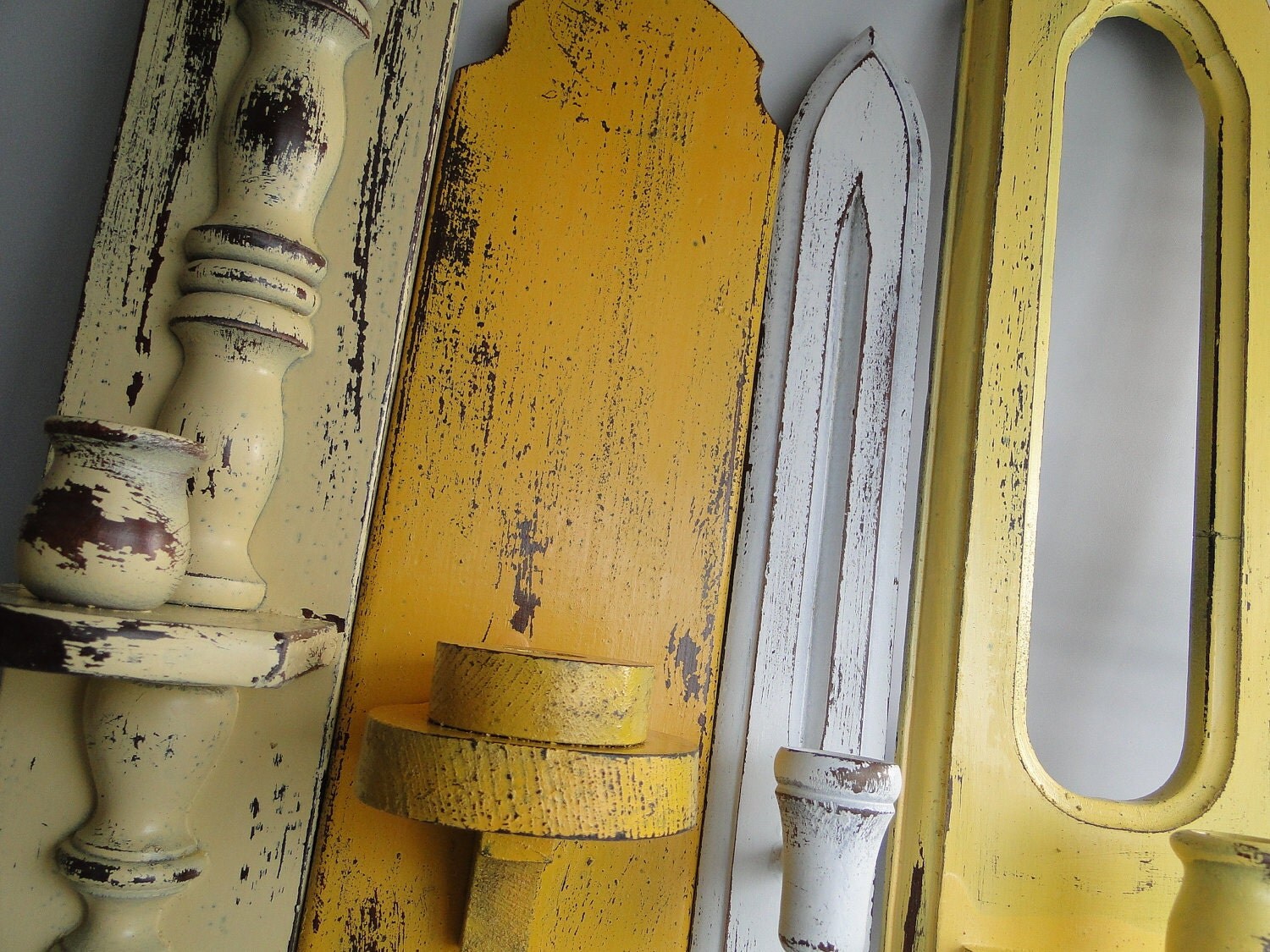 Set of Candle Sconces yellow white distressed Cottage