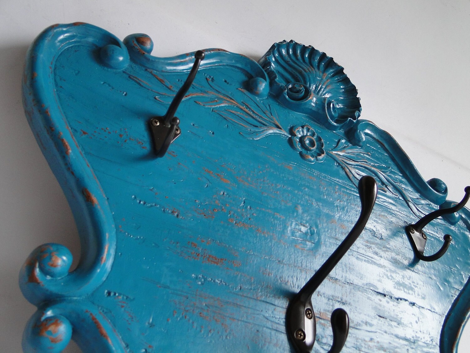 Large Decorative Coat Hanger Hook Plaque in Distressed Teal
