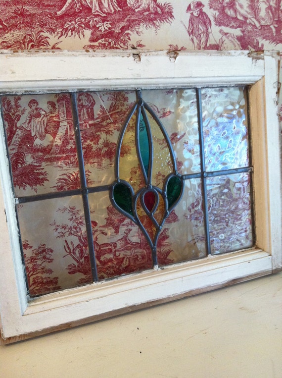 Leaded Stain Glass Window In Original Wood Frame Antique