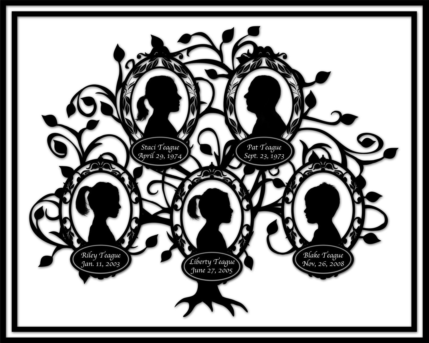 Family Tree Custom Silhouette Design Family of Five