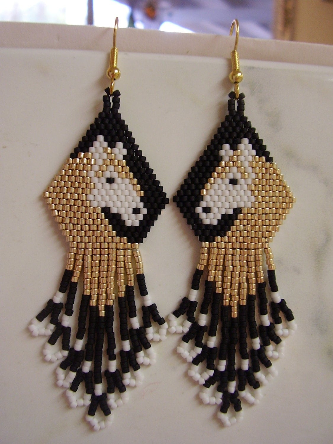 Native American Style Beaded Gold and White Horse Earrings