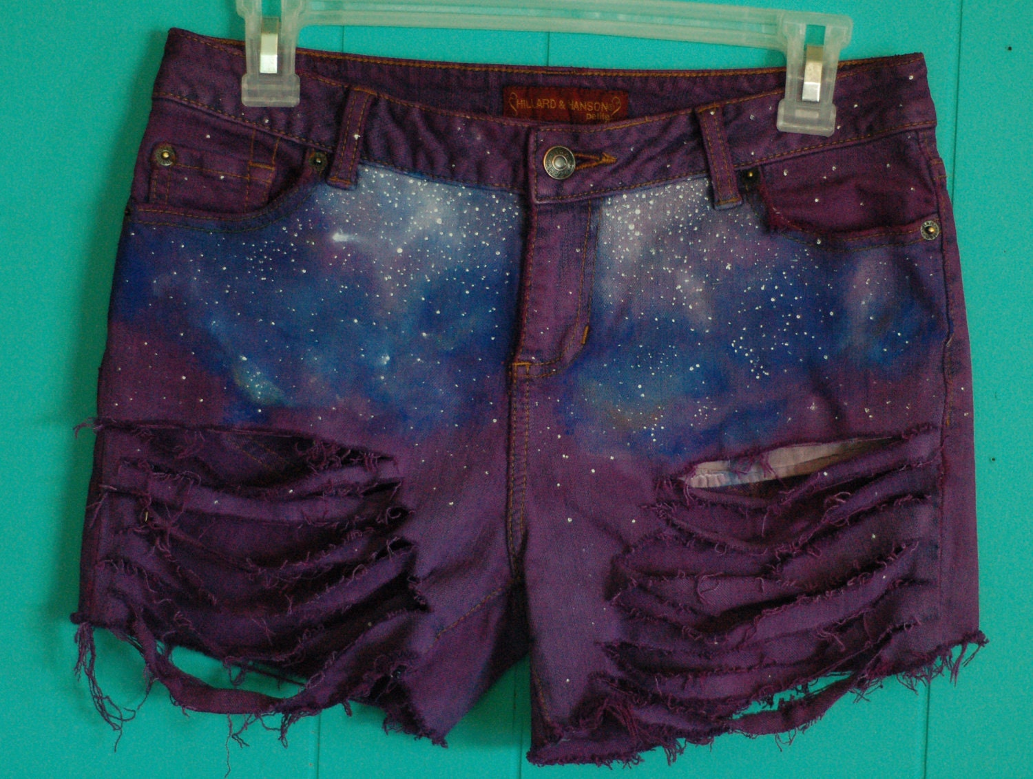 Purple distressed galaxy shorts