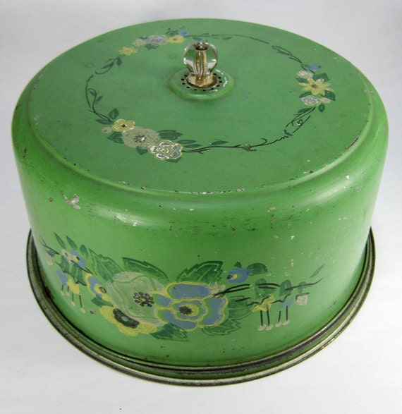 Vintage Green Metal Cake Plate and Cover with by TurnerVintage