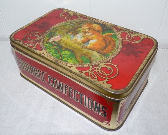 Vintage TIN Box SQUIRREL Confections 1930s Candies Sweets