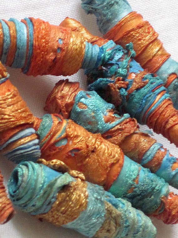 Mixed Media Textile Art Beads Hand Made With Tyvek Rusty 3444