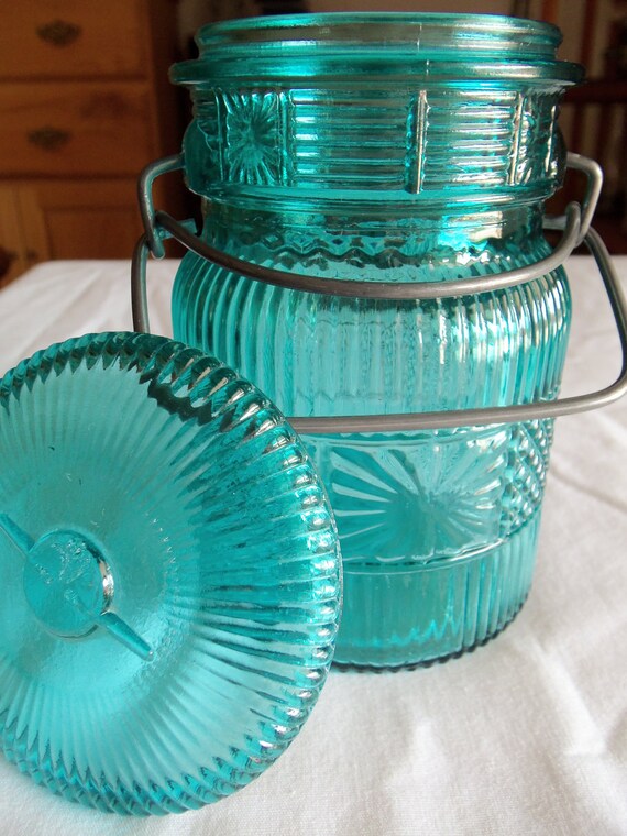 Avon Teal Glass Canning Jar Latch Glass Lid 5 1/2 High