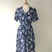 Vintage floral flower pattern blue button down bow dress size medium