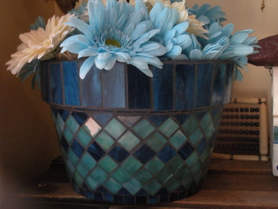 Blue Stained Glass Mosaic Flower Pot
