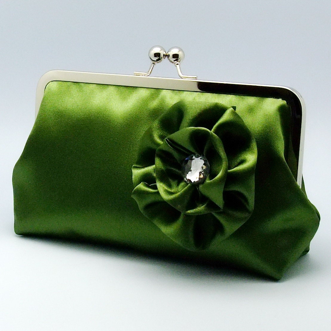 Olive Green Satin clutch purse with rhinestone satin flower