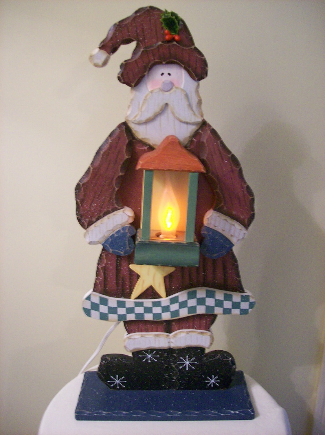 Hand-painted Wooden Santa Claus with Flickering Light