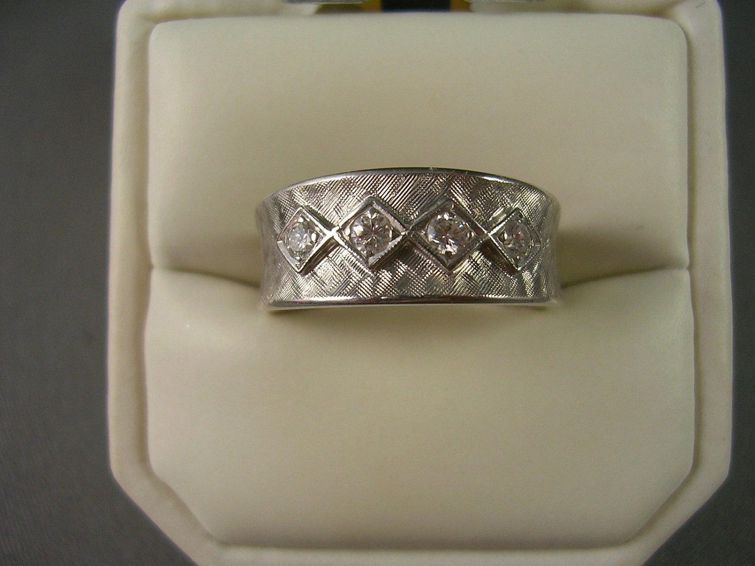 1960s Diamond Cigar Band Ring 14K White Gold Brushed Finish