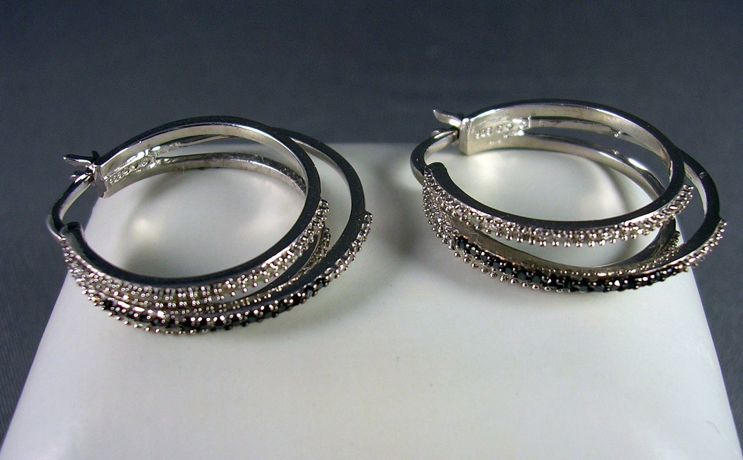 SALE Diamond Triple Hoop Earrings with black by estatejewelryshop