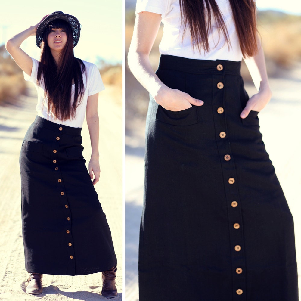 Black High Waisted Brown Button Down Long Maxi Skirt Black