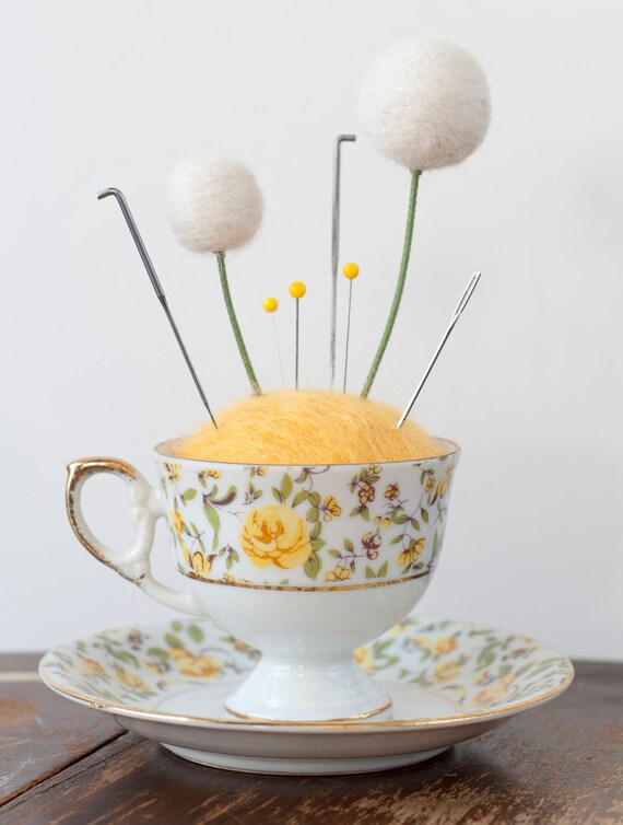 Vintage Teacup Flower Pincushion by meghanica on Etsy