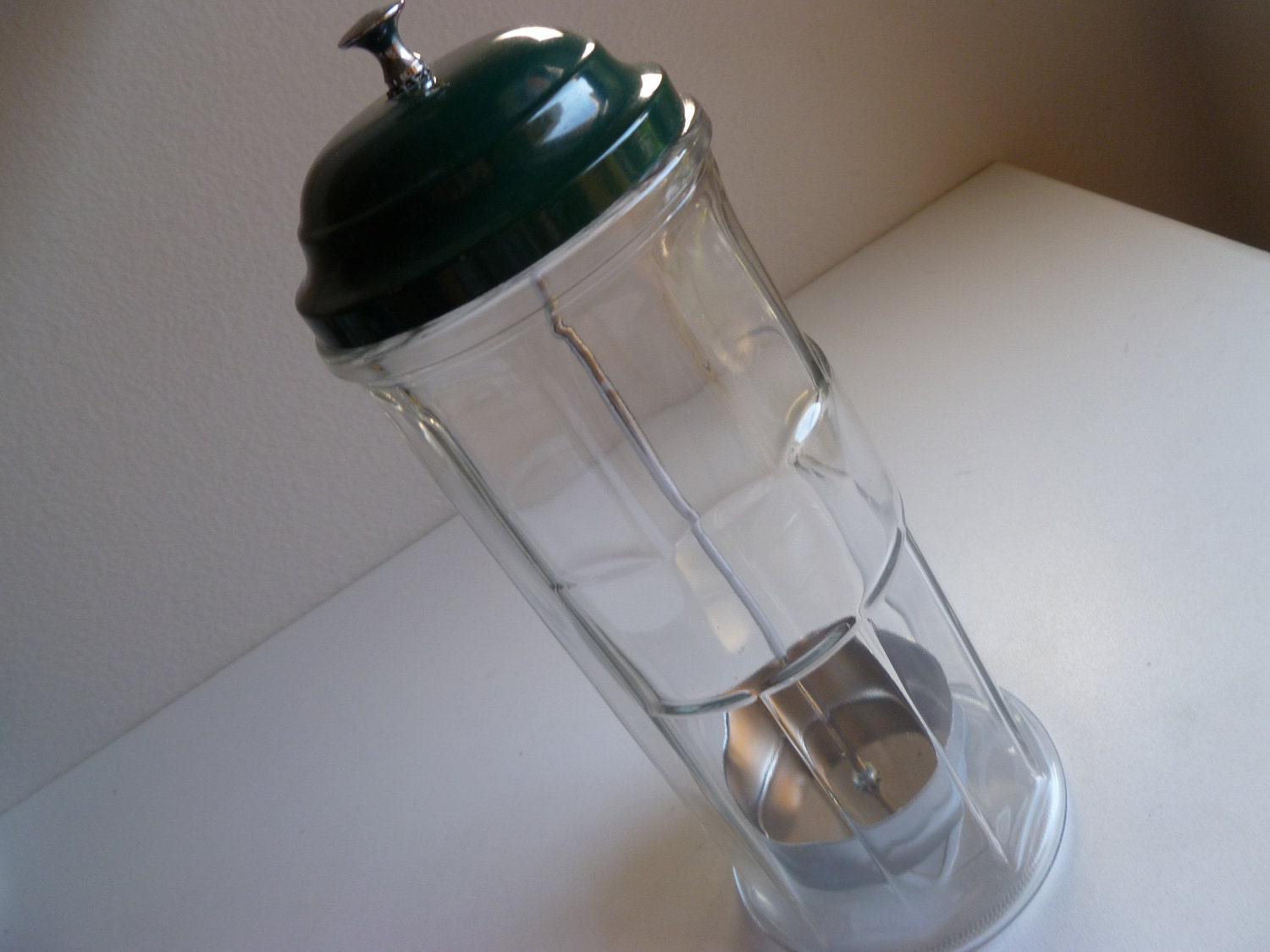 Straw dispenser Gemco glass with Green metal top vintage