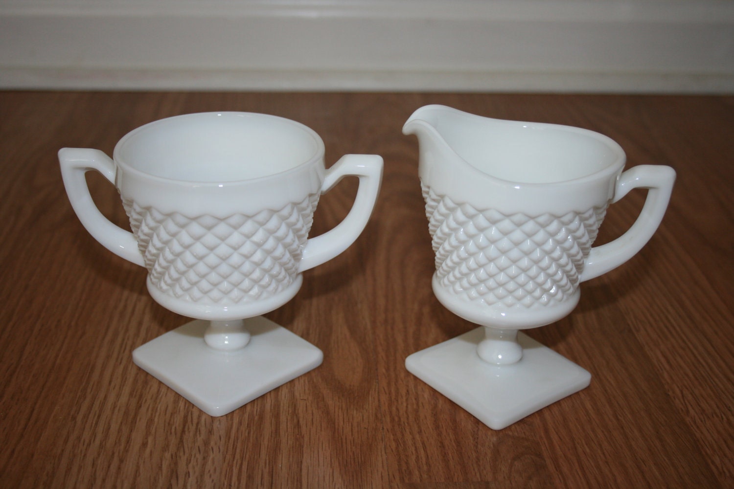 Vintage White Milk Glass Creamer and Open Sugar Diamond Pattern