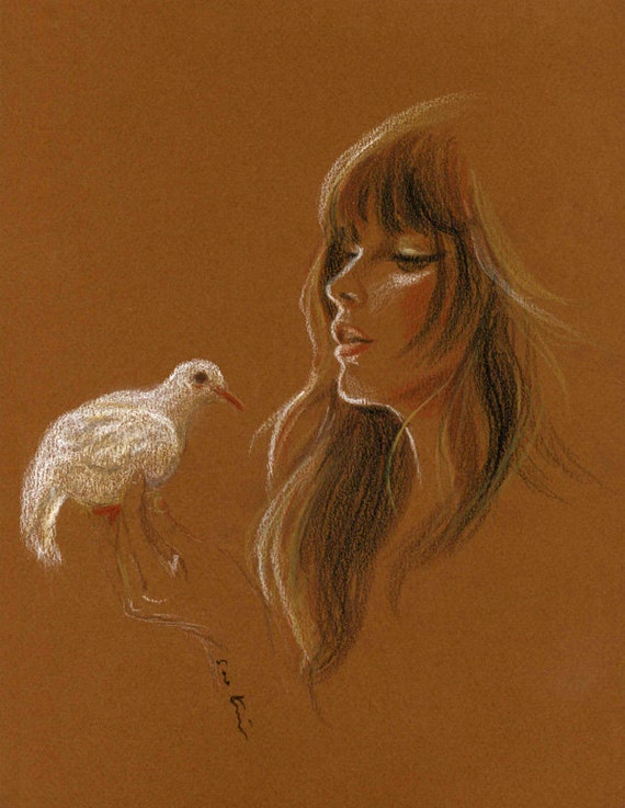 Woman holding a white bird Original Conte Pencil Drawing