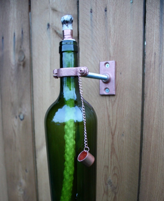 2 Green Wine Bottle Tiki Torches - Modern Outdoor Lighting - mothers day gift idea, hurricane lantern, patio lighting