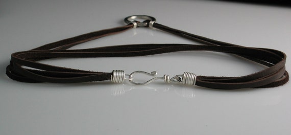 Leather and Sterling Circle Pendant Choker Necklace Unisex