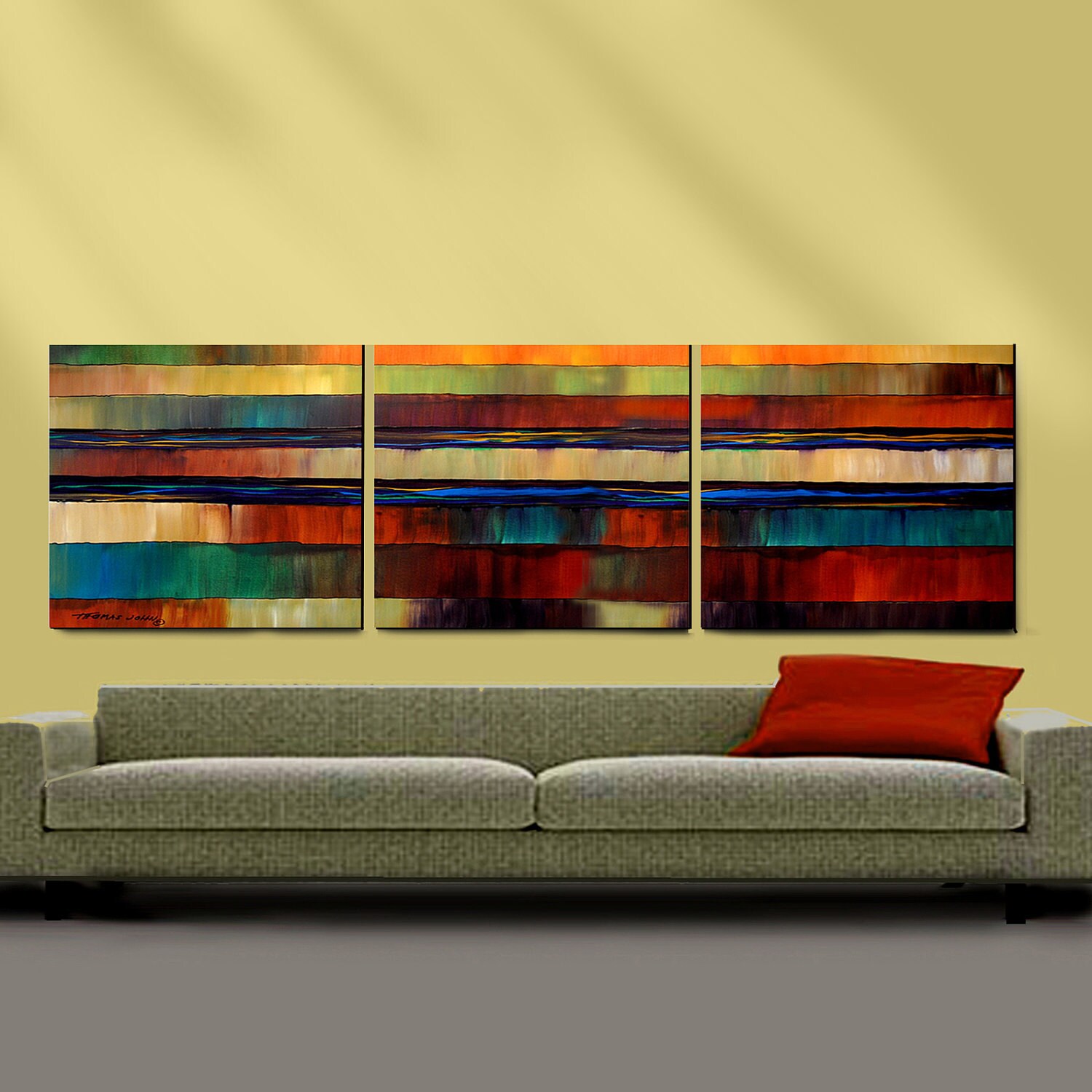 ORIGINAL PAINTING 3 Canvas 30x72 Ready to Hang Abstract Art By