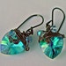 Green teal blue swarovski crystal heart earrings oxidated sterling silver