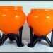 Czech Tango Glass Vases, Art Deco Pair of Bohemian Orange & Black Tango Glass Sputnik Globe Rose Bowls, Tripod Legs 1920s