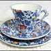 Mid Century Modern Chintzy Trio, James Kent Mikasa 'Cathay' Blue Flowery Chintz Cup, Saucer, Teaplate Trio Set 1970s