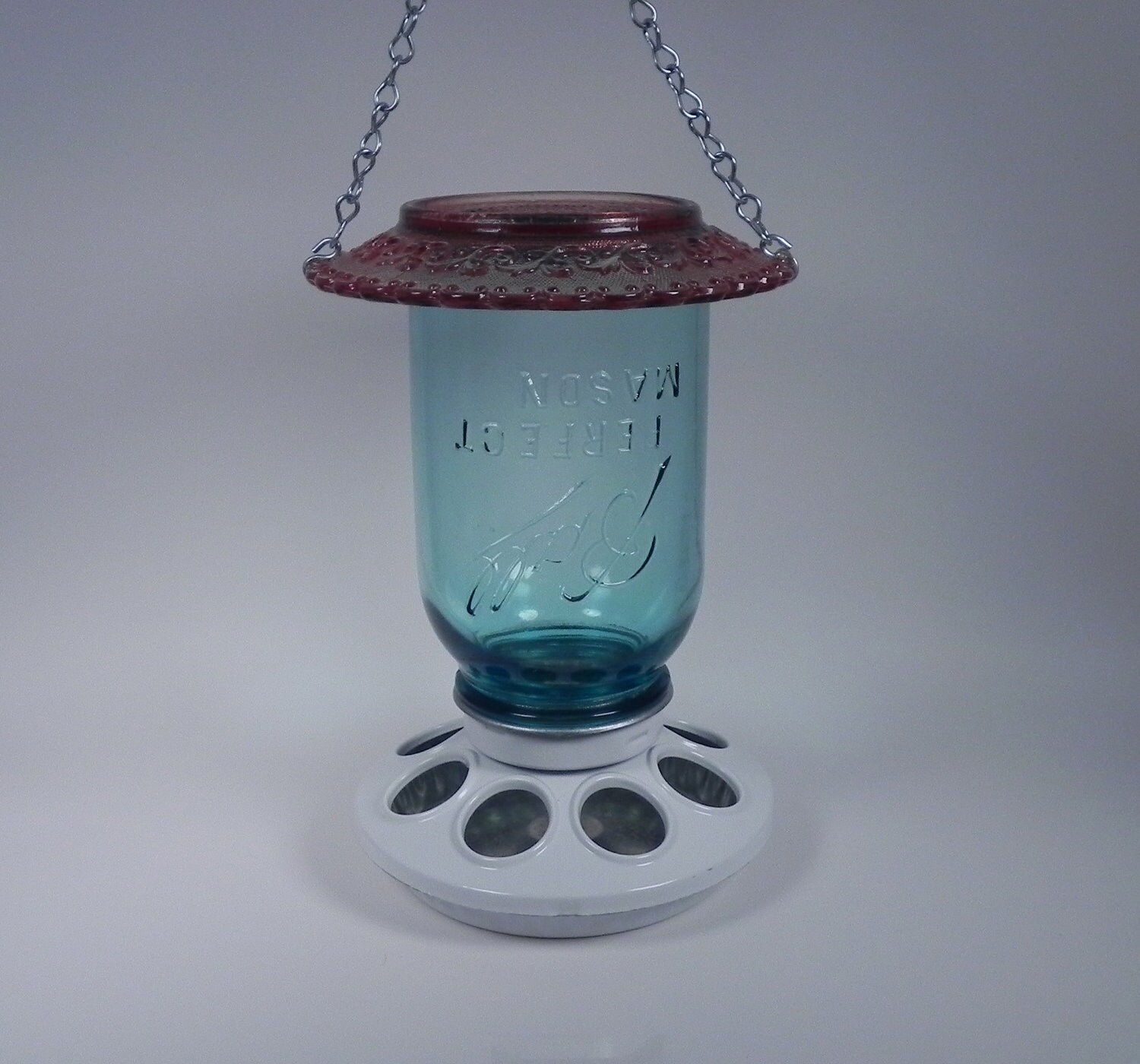 Glass Mason Jar Bird Feeder Vintage Blue and Pink FREE