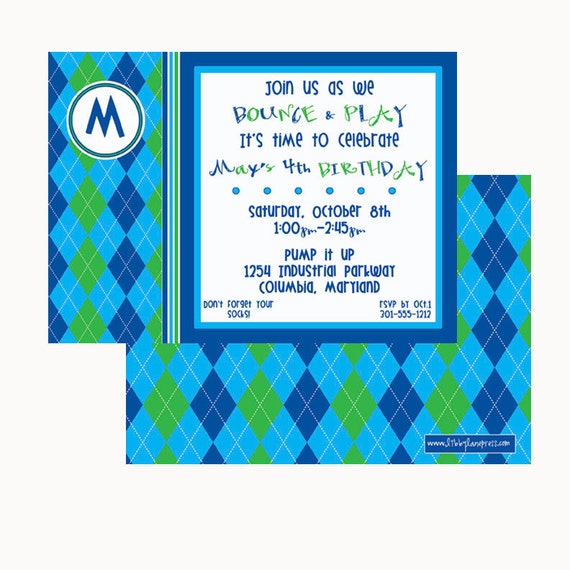 BOYS BOUNCE HOUSE, Blue & Green, Birthday Invitation, Printable by Libby Lane Press Il_570xn