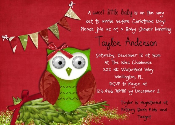 Christmas Owl Glitter Baby Shower Invitation Red and Green Printable Invite Il_570xn