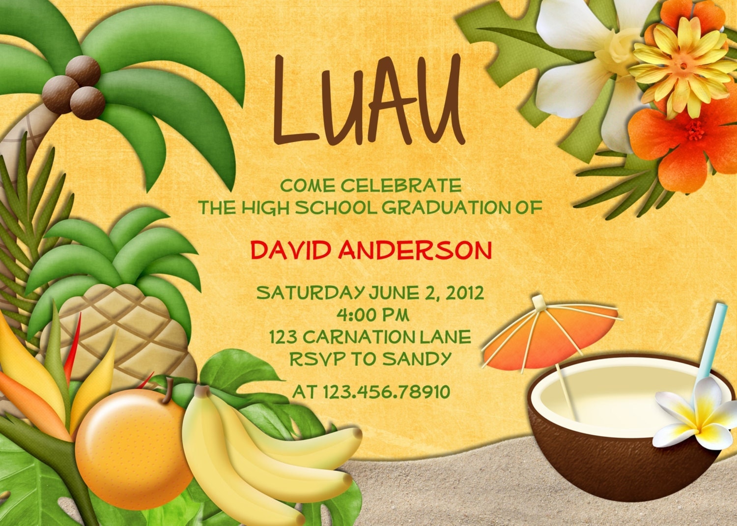 Luau Party Birthday Invitation Tropical Hawaiian Hula Custom