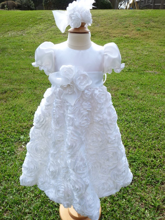 Christening baptism gown white rosette by ChildrenCouture