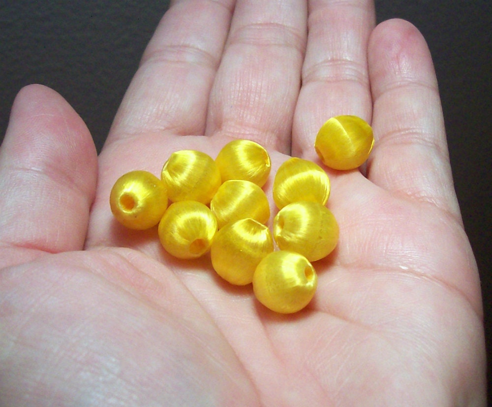 Yellow Silk Thread Wrapped Beads Vintage 10mm 10