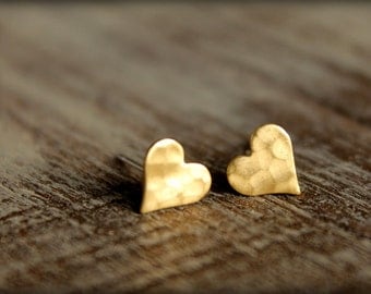 Hammered Heart Earring Studs, Available in Raw Brass or Silver Plated Brass, Stainless Steel Posts