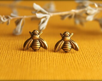 Bee Earrings in Aged Brass, Honeybee Bumblebee Earring Studs, Bronze Bees, Save the Bees, Earthy Nature Inspired, Bee Jewelry Accessory