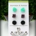 Flower Earring Studs Trio: Aquamarine Rose, Grape Sakura Blossom, Black Daisy