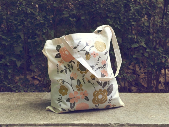 Flowers screen printed canvas Tote bag by depeapa on Etsy
