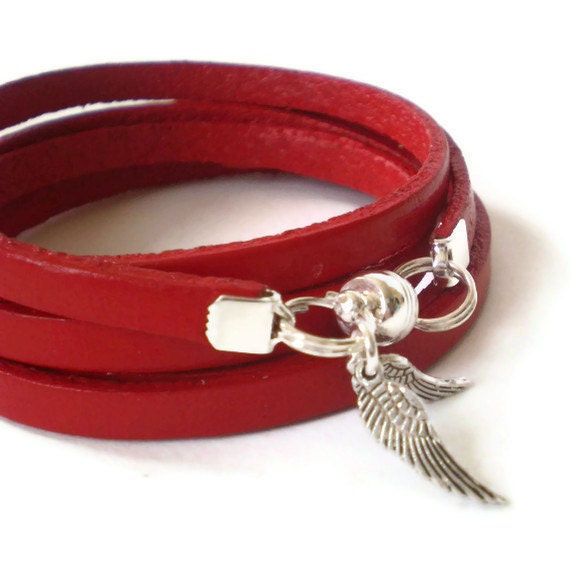 red leather wrap bracelet unisex cuff angel wings cuff boho