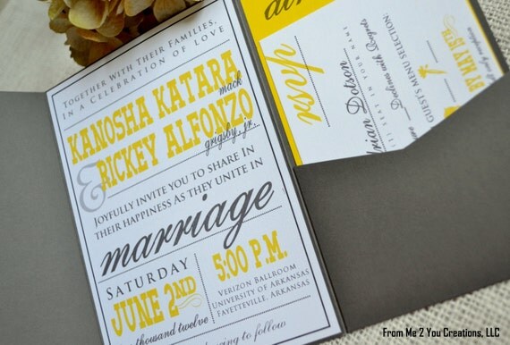 Yellow and gray modern wedding invitations