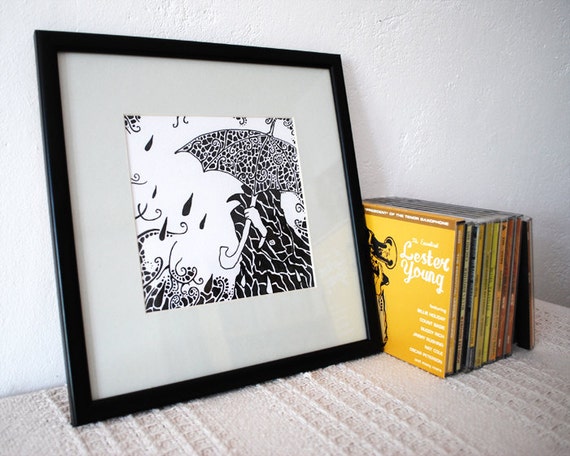 Graphic art Framed drawing Rainy Day Black and white line art Mounted print