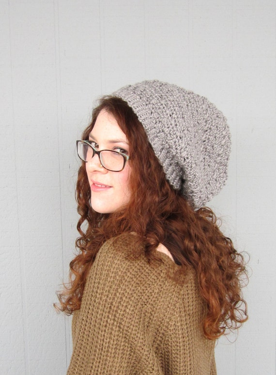 Grey Gray Hipster Slouchy Crochet Hat Hippy Hippie Snood Rasta Women's Hand Made Winter Accessory