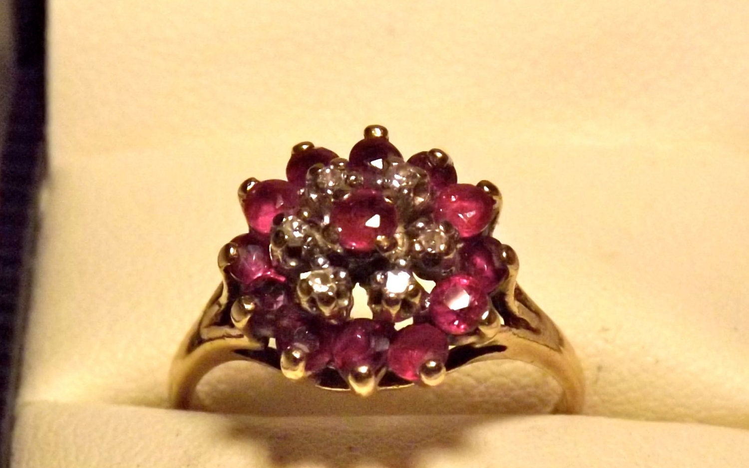 Vintage Ruby Diamond Cluster Ring. 10K yellow Gold