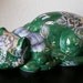 KUTANI CAT Moriage Japanese / 10-1/2" Vintage Green Sleeping Porcelain Cat