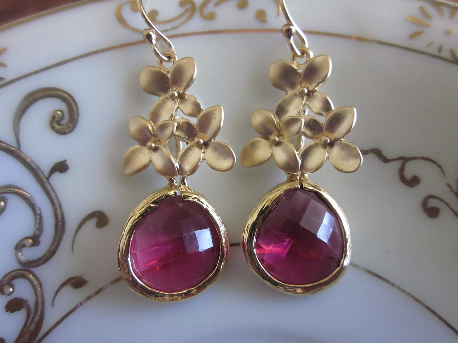Fuchsia Earrings Gold Flower Glass Earrings Bridal