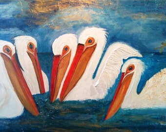 White Pelican Painting. White Orange Blue Water. Textured Abstract. THE ...